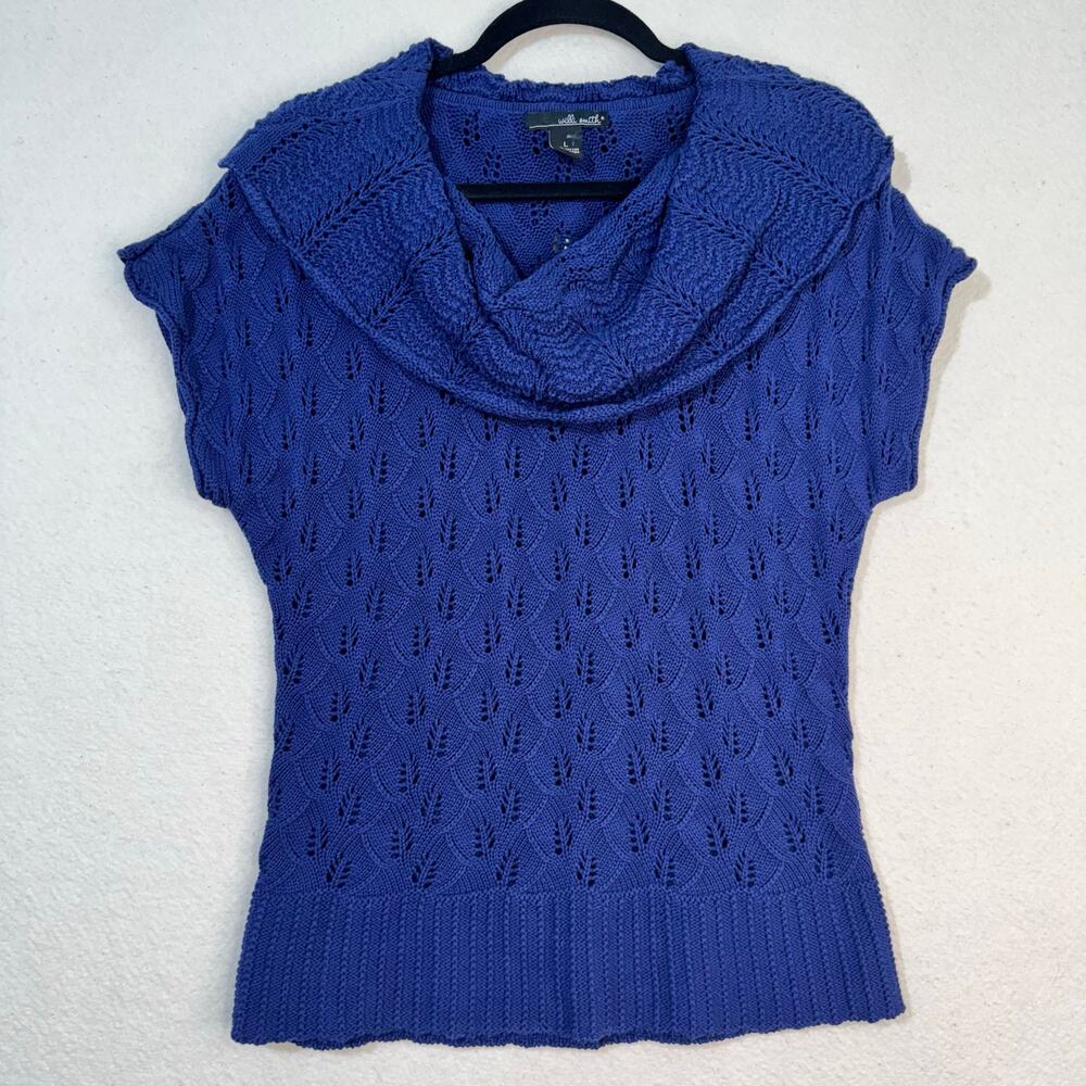 Willi Smith Navy Blue Cap Sleeve Cowl Neck Cotton Knit Sweater Blouse Size Large